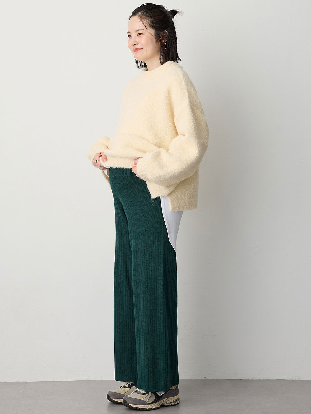 マタニティ パンツ|リブニットワイドパンツ　マタニティ・産後【出産後も長く使える】Rosemadame（ローズマダム）|グリーン