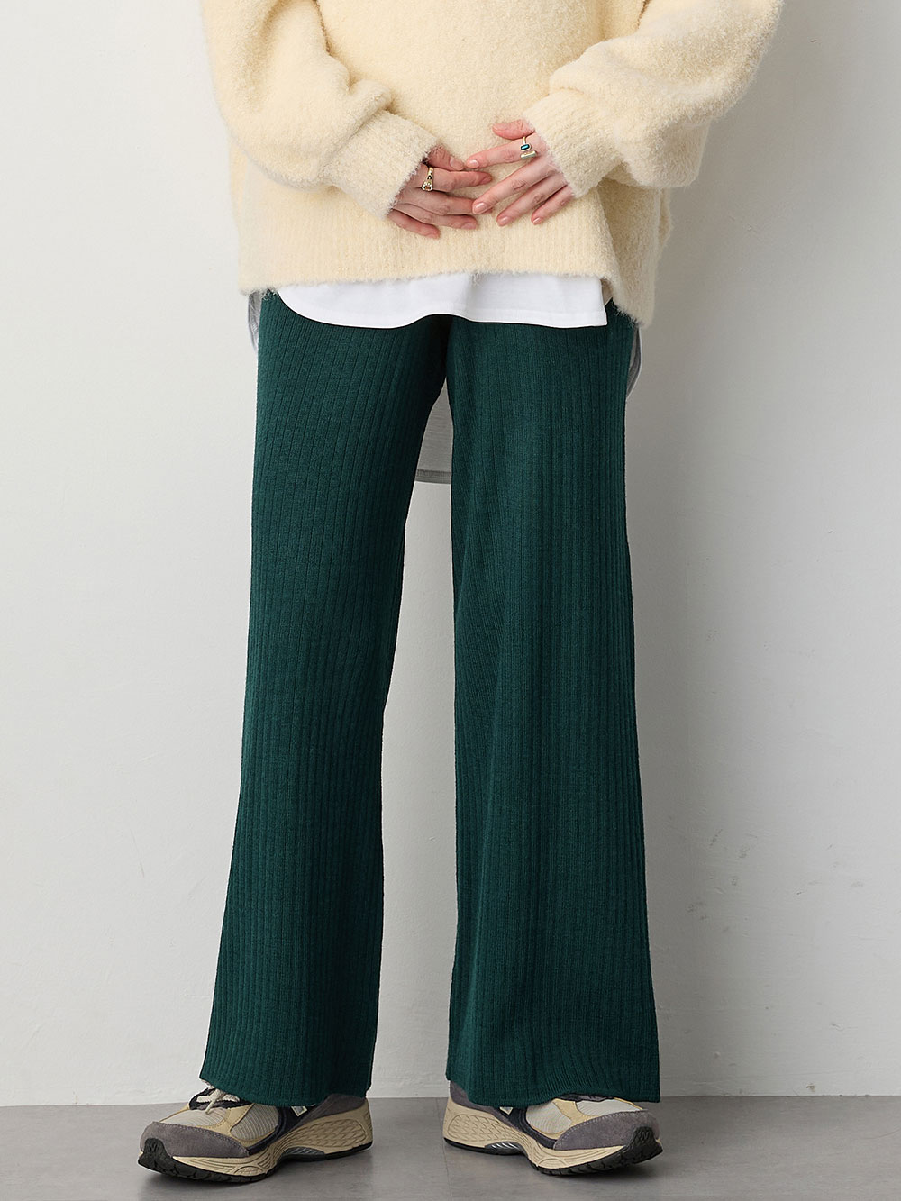 マタニティ パンツ|リブニットワイドパンツ　マタニティ・産後【出産後も長く使える】Rosemadame（ローズマダム）|グリーン