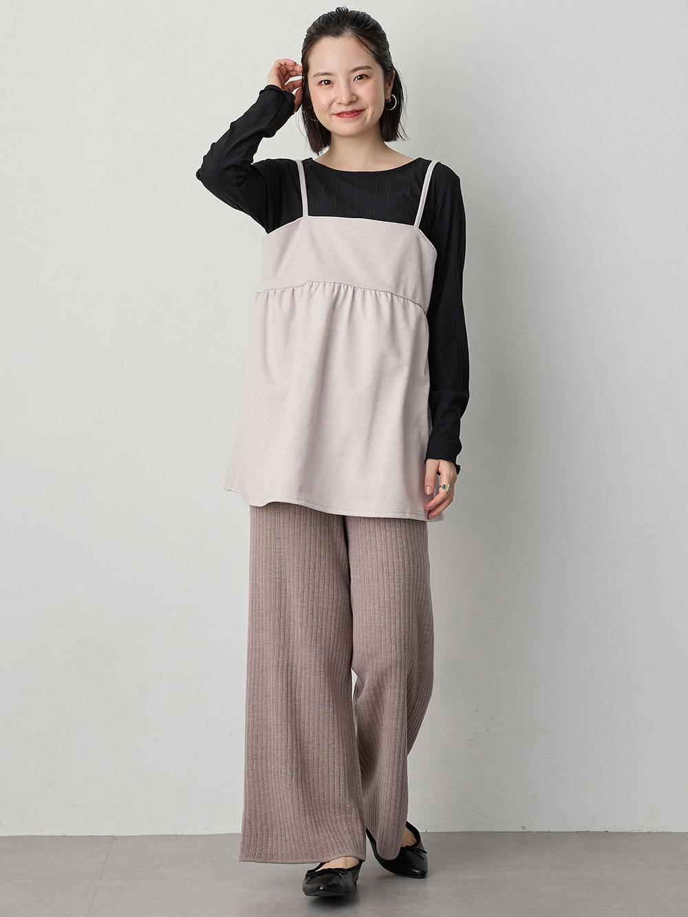 マタニティ トップス|【あったか～い。冬支度セール対象】ニットカルゼ×テレコ起毛ペプラムキャミトップス　マタニティ・産後授乳服【出産後も長く使える】Rosemadame（ローズマダム）|ベージュ