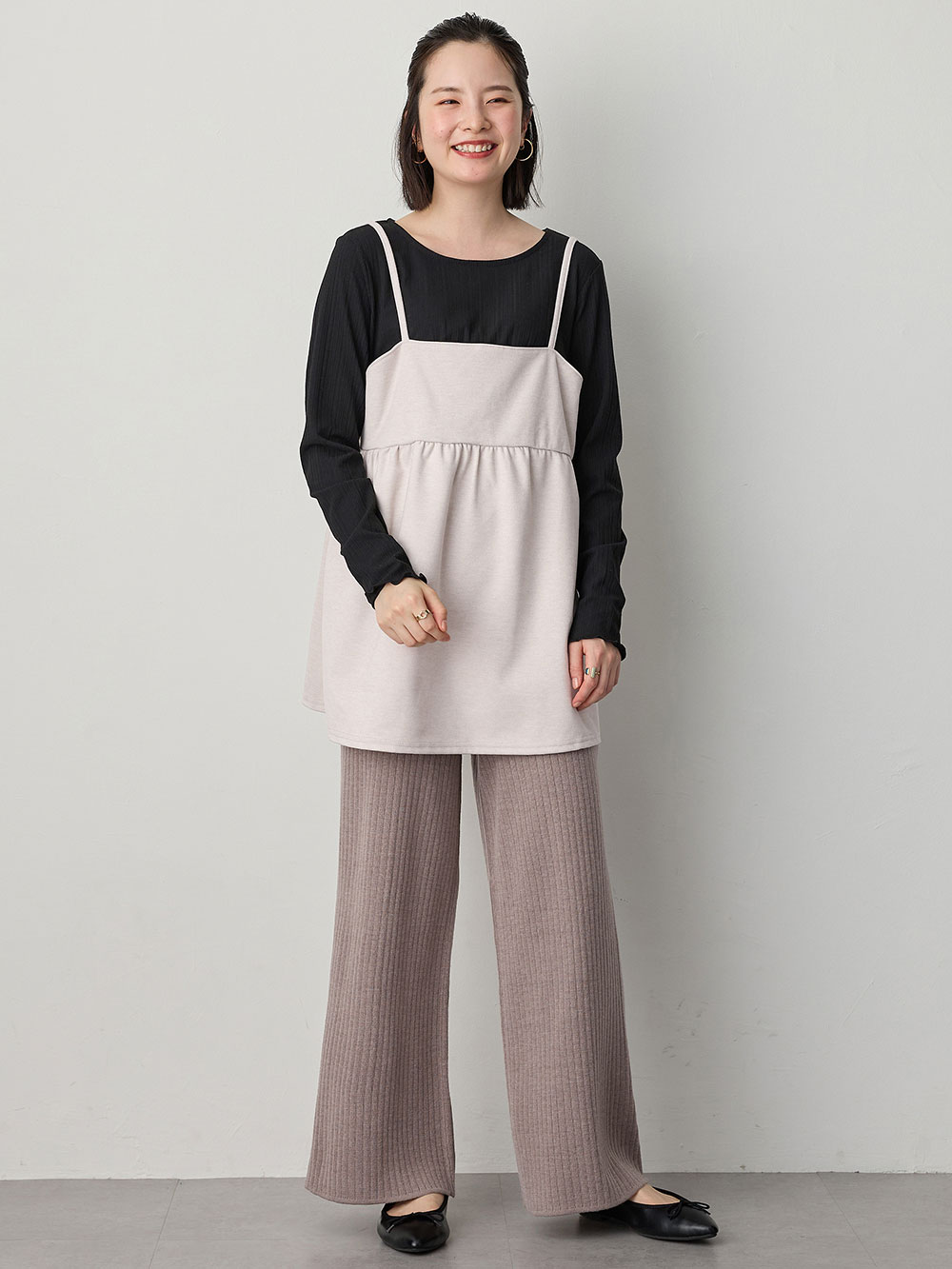 マタニティ トップス|【あったか～い。冬支度セール対象】ニットカルゼ×テレコ起毛ペプラムキャミトップス　マタニティ・産後授乳服【出産後も長く使える】Rosemadame（ローズマダム）|ベージュ