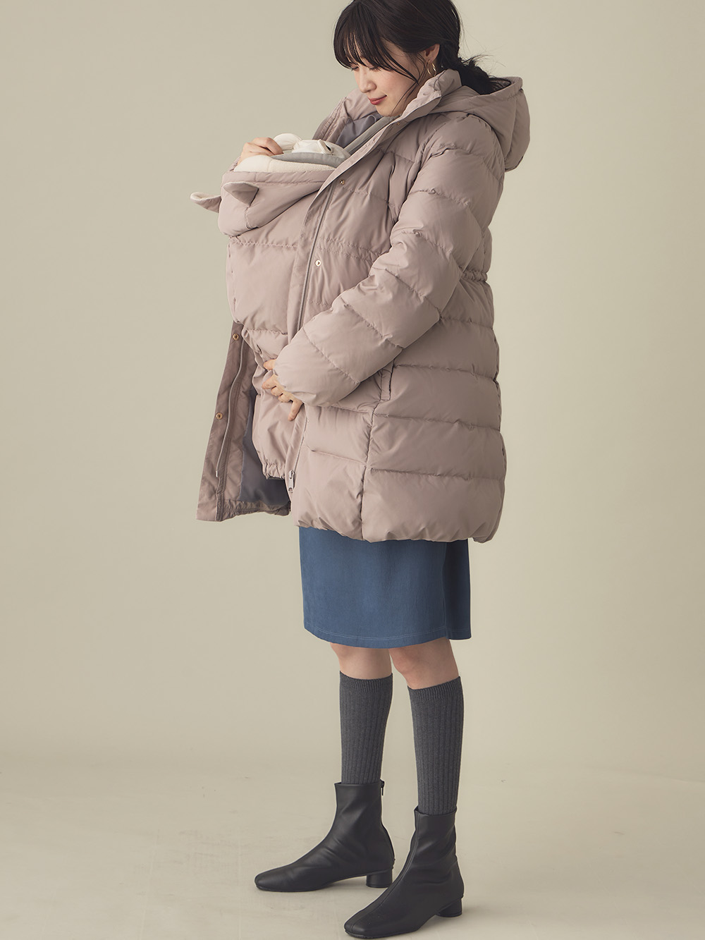 マタニティ アウター(コート)・ママコート|マットタフタ ダウンママコート マタニティ・産後授乳服【出産後も長く使える】Rosemadame(ローズマダム)|モカ