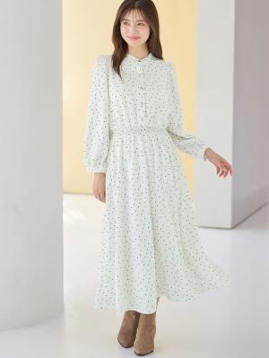 マタニティ ワンピース|バンドカラーウエストシャーリング ドットワンピース　マタニティ・産後授乳服【出産後も長く使える】|オフホワイト