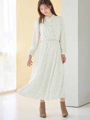 マタニティ ワンピース|バンドカラーウエストシャーリング ドットワンピース　マタニティ・産後授乳服【出産後も長く使える】|オフホワイト