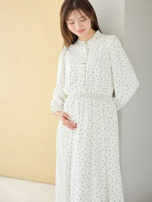 マタニティ ワンピース|バンドカラーウエストシャーリング ドットワンピース　マタニティ・産後授乳服【出産後も長く使える】|オフホワイト