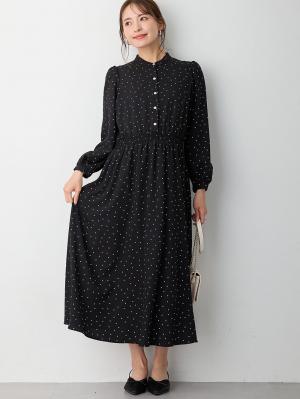 マタニティ ワンピース|バンドカラーウエストシャーリング ドットワンピース　マタニティ・産後授乳服【出産後も長く使える】|ブラック
