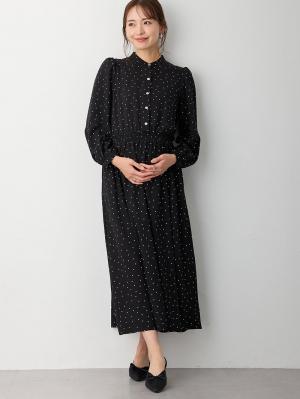 マタニティ ワンピース|バンドカラーウエストシャーリング ドットワンピース　マタニティ・産後授乳服【出産後も長く使える】|ブラック