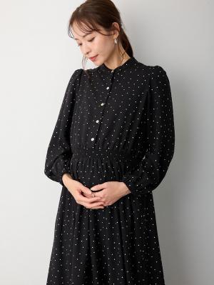 マタニティ ワンピース|バンドカラーウエストシャーリング ドットワンピース　マタニティ・産後授乳服【出産後も長く使える】|ブラック