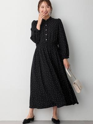 マタニティ ワンピース|バンドカラーウエストシャーリング ドットワンピース　マタニティ・産後授乳服【出産後も長く使える】|ブラック