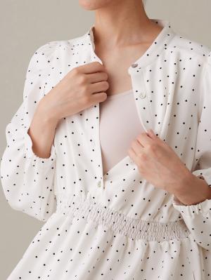 マタニティ ワンピース|バンドカラーウエストシャーリング ドットワンピース　マタニティ・産後授乳服【出産後も長く使える】