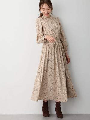 マタニティ ワンピース|バンドカラーウエストシャーリング パターンワンピース　マタニティ・産後授乳服【出産後も長く使える】|ベージュ