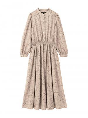 マタニティ ワンピース|バンドカラーウエストシャーリング パターンワンピース　マタニティ・産後授乳服【出産後も長く使える】|ベージュ