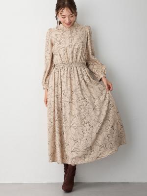 マタニティ ワンピース|バンドカラーウエストシャーリング パターンワンピース　マタニティ・産後授乳服【出産後も長く使える】|ベージュ