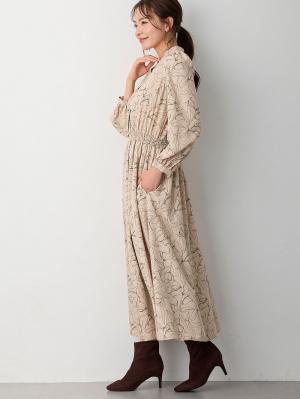 マタニティ ワンピース|バンドカラーウエストシャーリング パターンワンピース　マタニティ・産後授乳服【出産後も長く使える】|ベージュ