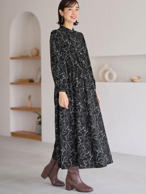 マタニティ ワンピース|バンドカラーウエストシャーリング パターンワンピース　マタニティ・産後授乳服【出産後も長く使える】|ブラック