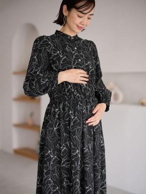 マタニティ ワンピース|バンドカラーウエストシャーリング パターンワンピース　マタニティ・産後授乳服【出産後も長く使える】|ブラック