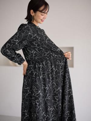 マタニティ ワンピース|バンドカラーウエストシャーリング パターンワンピース　マタニティ・産後授乳服【出産後も長く使える】|ブラック