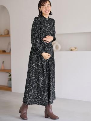 マタニティ ワンピース|バンドカラーウエストシャーリング パターンワンピース　マタニティ・産後授乳服【出産後も長く使える】|ブラック
