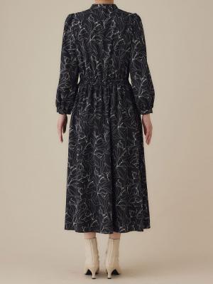 マタニティ ワンピース|バンドカラーウエストシャーリング パターンワンピース　マタニティ・産後授乳服【出産後も長く使える】