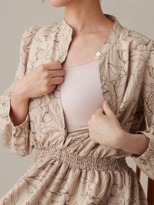 マタニティ ワンピース|バンドカラーウエストシャーリング パターンワンピース　マタニティ・産後授乳服【出産後も長く使える】