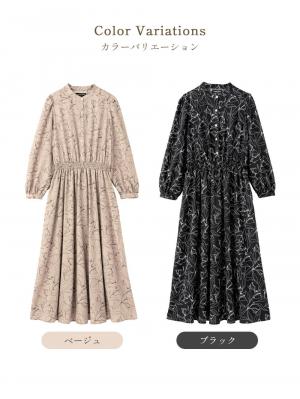 マタニティ ワンピース|バンドカラーウエストシャーリング パターンワンピース　マタニティ・産後授乳服【出産後も長く使える】