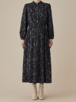 マタニティ ワンピース|バンドカラーウエストシャーリング パターンワンピース　マタニティ・産後授乳服【出産後も長く使える】