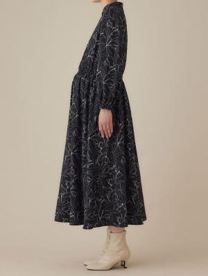 マタニティ ワンピース|バンドカラーウエストシャーリング パターンワンピース　マタニティ・産後授乳服【出産後も長く使える】