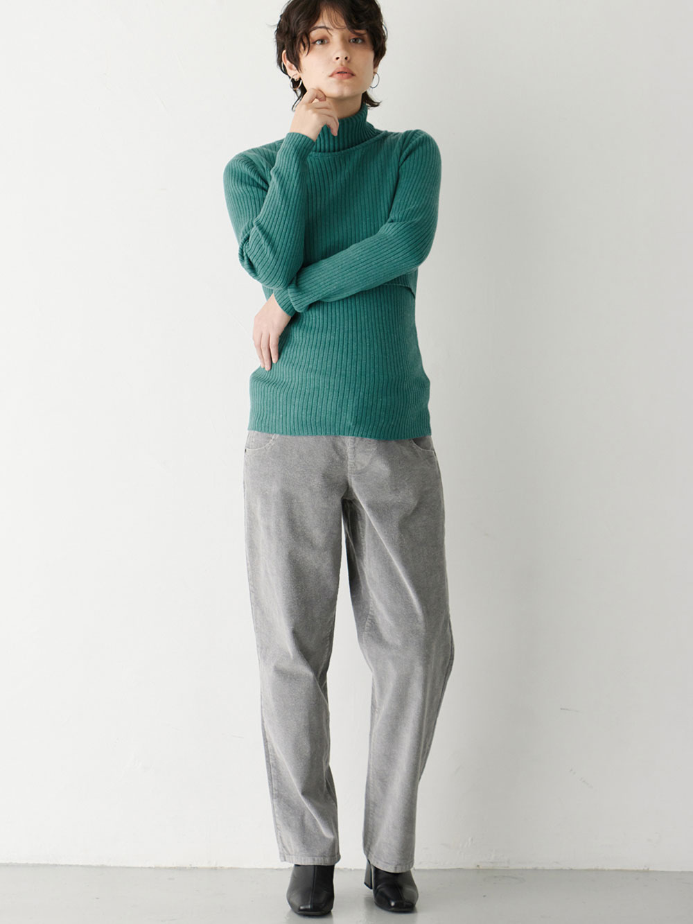 マタニティ トップス|リブタートルニット　マタニティ・授乳服【出産後も長く使える】|杢グリーン