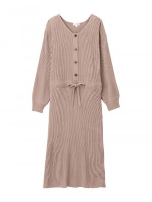 マタニティ ワンピース|フロントボタンリブニットワンピース　マタニティ・産後授乳服【出産後も長く使える】Rosemadame（ローズマダム）|ベージュ