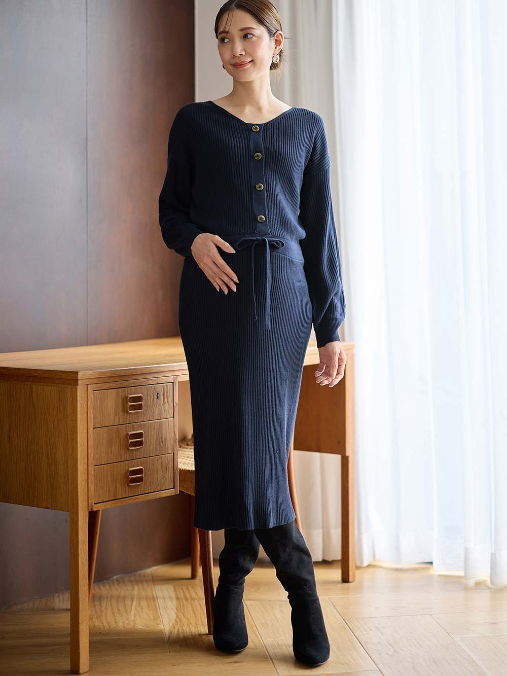 マタニティ ワンピース|フロントボタンリブニットワンピース　マタニティ・産後授乳服【出産後も長く使える】Rosemadame（ローズマダム）|ネイビー