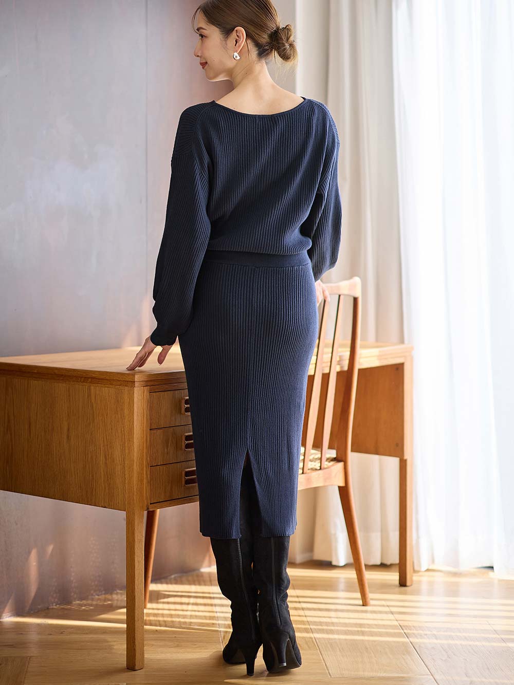 マタニティ ワンピース|フロントボタンリブニットワンピース　マタニティ・産後授乳服【出産後も長く使える】Rosemadame（ローズマダム）|ネイビー