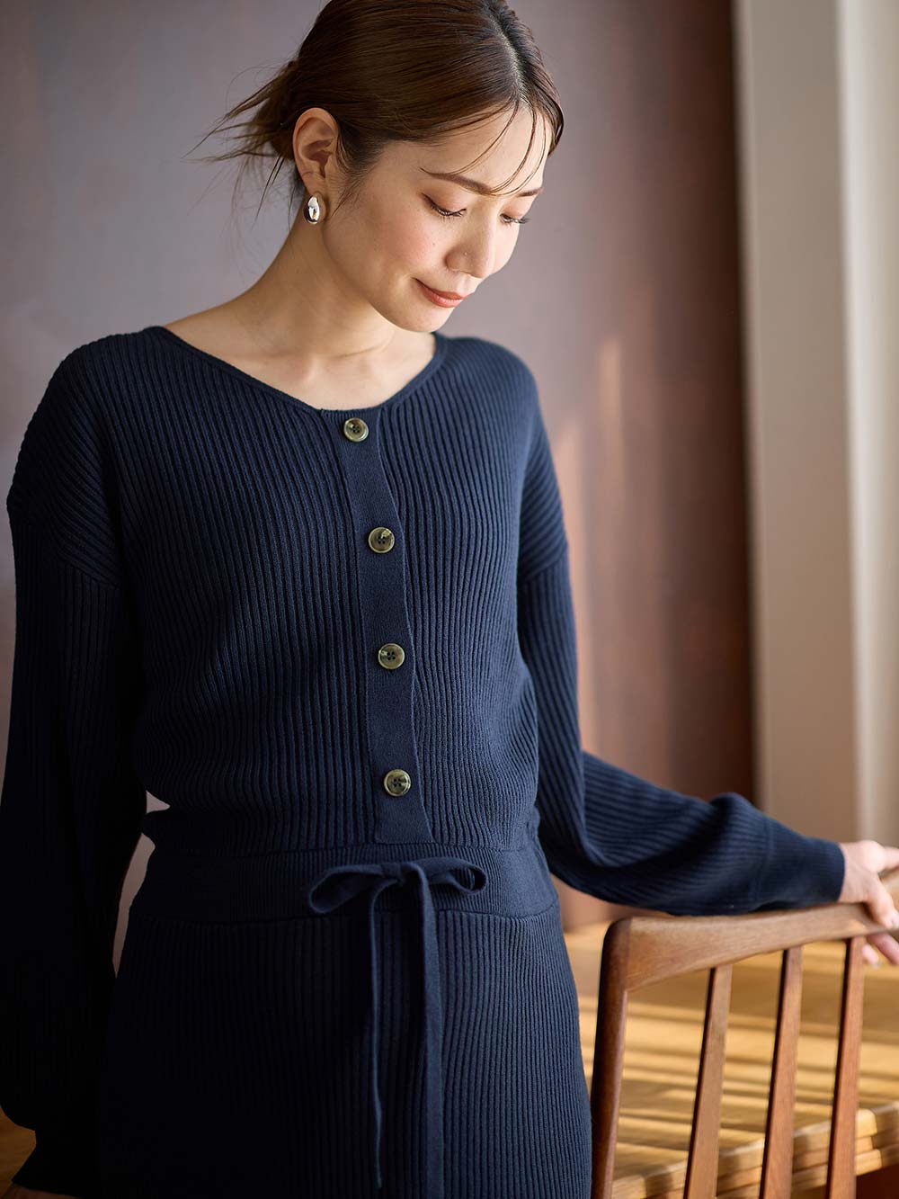 マタニティ ワンピース|フロントボタンリブニットワンピース　マタニティ・産後授乳服【出産後も長く使える】Rosemadame（ローズマダム）|ネイビー