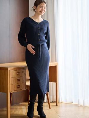 マタニティ ワンピース|フロントボタンリブニットワンピース　マタニティ・産後授乳服【出産後も長く使える】Rosemadame（ローズマダム）|ネイビー