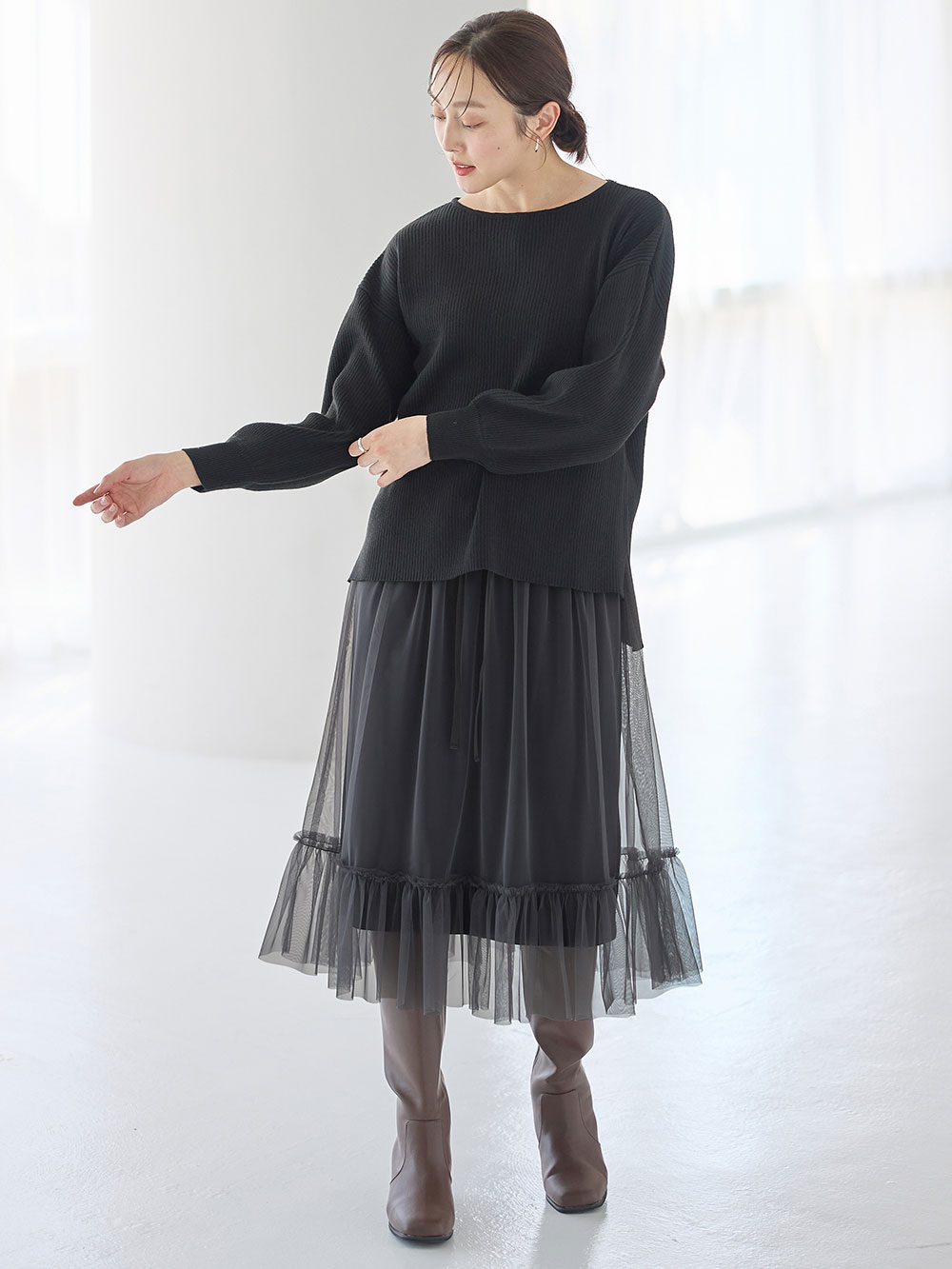 マタニティ トップス|リブニットトップス（授乳らくちんタブ付き）マタニティ・産後授乳服【出産後も長く使える】Rosemadame（ローズマダム）|ブラック