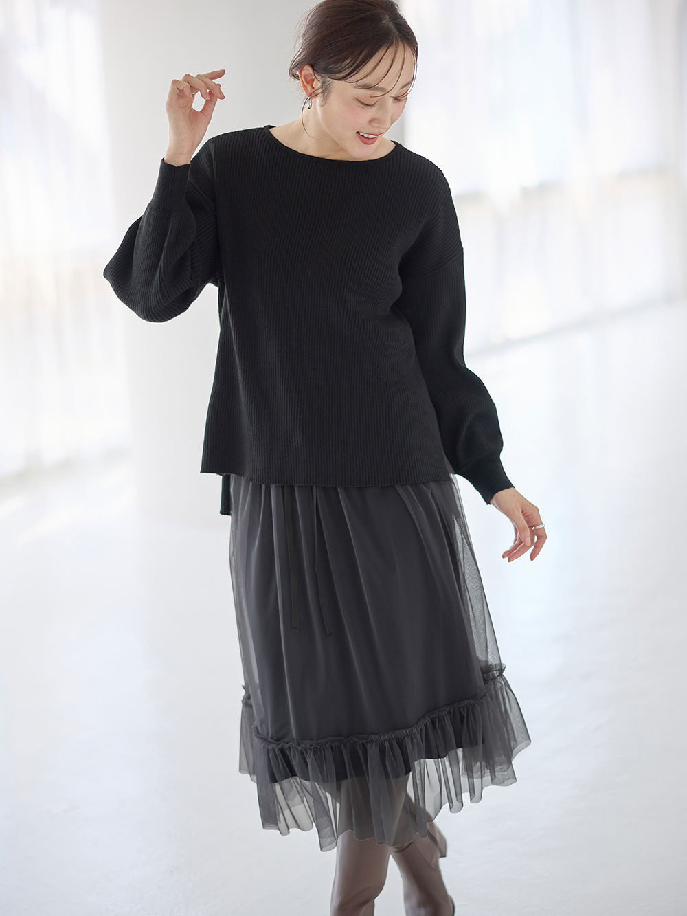 マタニティ トップス|リブニットトップス（授乳らくちんタブ付き）マタニティ・産後授乳服【出産後も長く使える】Rosemadame（ローズマダム）|ブラック