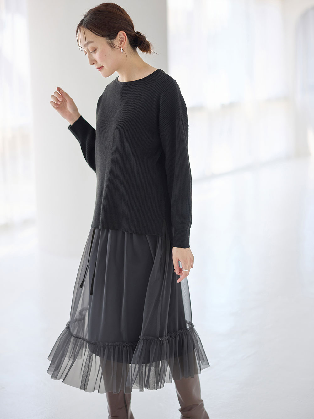 マタニティ トップス|リブニットトップス（授乳らくちんタブ付き）マタニティ・産後授乳服【出産後も長く使える】Rosemadame（ローズマダム）|ブラック