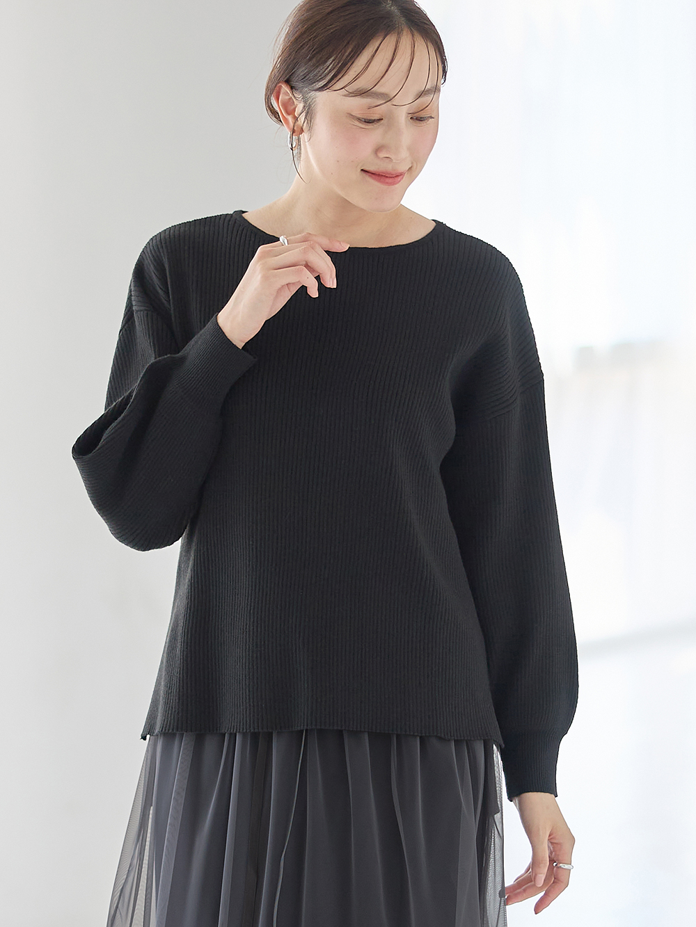 マタニティ トップス|リブニットトップス（授乳らくちんタブ付き）マタニティ・産後授乳服【出産後も長く使える】Rosemadame（ローズマダム）|ブラック