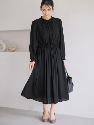 マタニティ ワンピース|プチフリルシフォンギャザーワンピース マタニティ・産後【出産後も長く使える】|ブラック