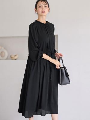 マタニティ ワンピース|プチフリルシフォンギャザーワンピース マタニティ・産後【出産後も長く使える】|ブラック