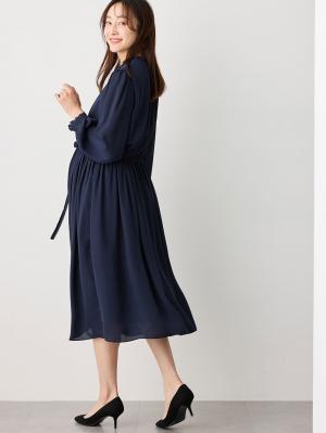 マタニティ ワンピース|プチフリルシフォンギャザーワンピース マタニティ・産後【出産後も長く使える】|ネイビー