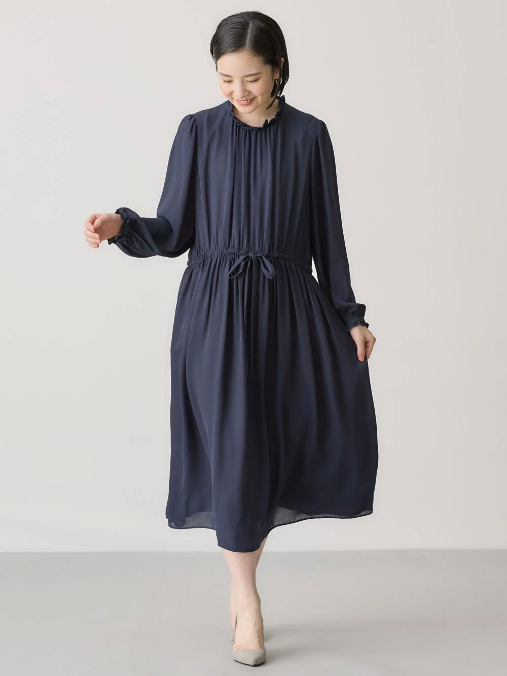 マタニティ ワンピース|プチフリルシフォンギャザーワンピース マタニティ・産後【出産後も長く使える】|ネイビー