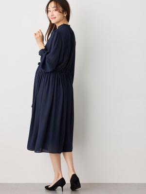 マタニティ ワンピース|プチフリルシフォンギャザーワンピース マタニティ・産後【出産後も長く使える】|ネイビー