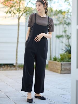 マタニティ パンツ|ジョーゼット風カットソーサロペット　マタニティ・産後【出産後も長く使える】Rosemadame（ローズマダム）|ブラック