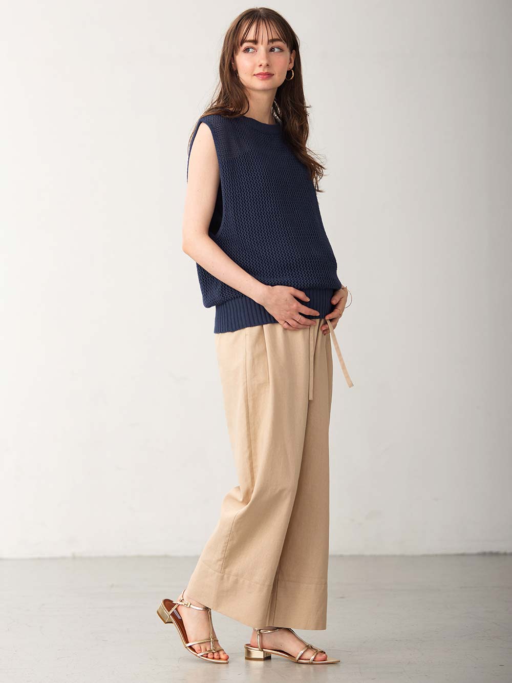 マタニティ トップス|コットンノースリーブ重ね着風ニット マタニティ・授乳服 【出産後も長く使える】|ネイビー