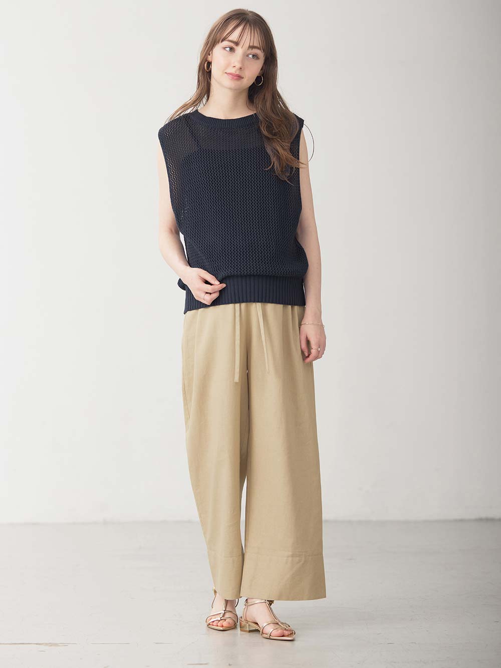 マタニティ トップス|コットンノースリーブ重ね着風ニット マタニティ・授乳服 【出産後も長く使える】|ネイビー