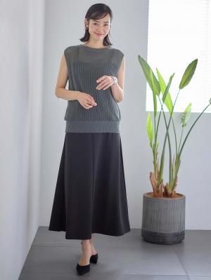 マタニティ トップス|コットンノースリーブ重ね着風ニット マタニティ・授乳服 【出産後も長く使える】|グレイッシュブルー