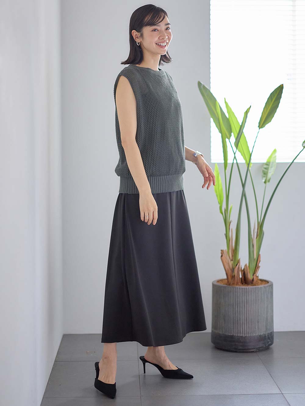 マタニティ トップス|コットンノースリーブ重ね着風ニット マタニティ・授乳服 【出産後も長く使える】|グレイッシュブルー