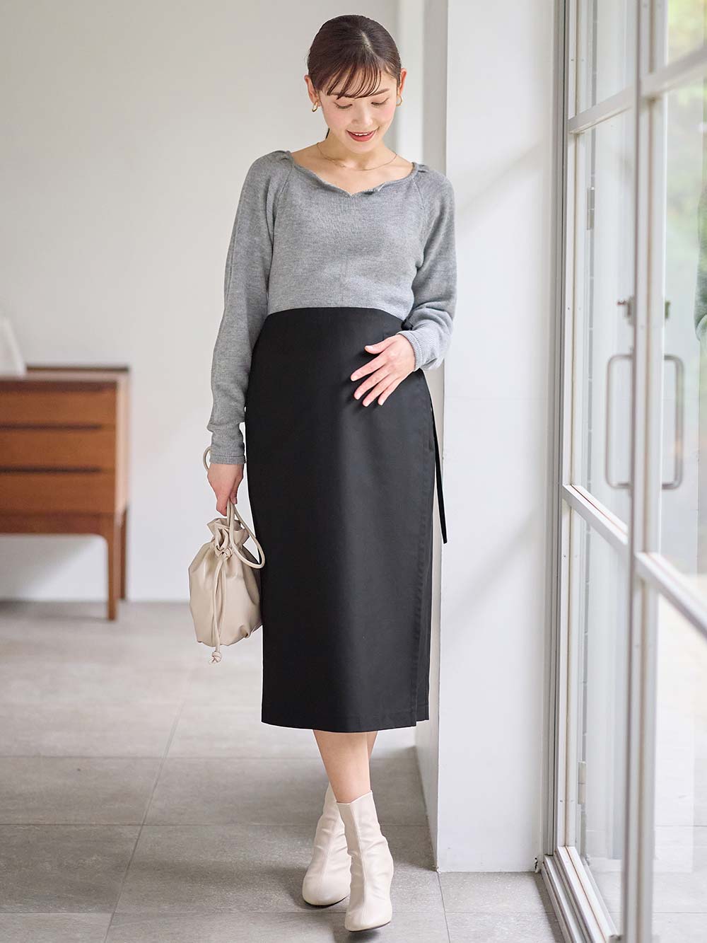 マタニティ スカート|ラップスカート マタニティ・産後 【出産後も長く使える】|ブラック