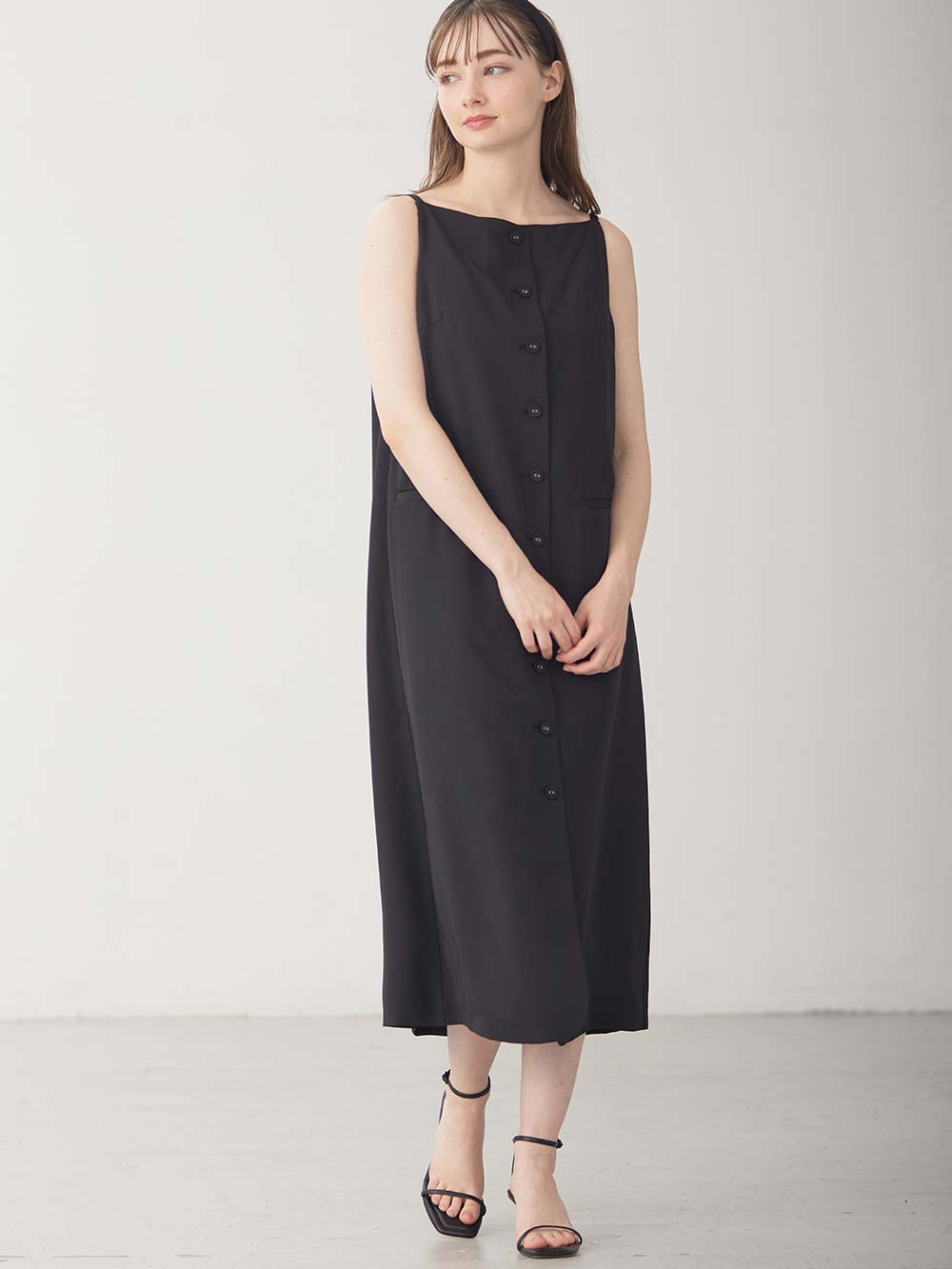 マタニティ ワンピース|フロントボタンノースリーブワンピース マタニティ・授乳服 【出産後も長く使える】|ブラック