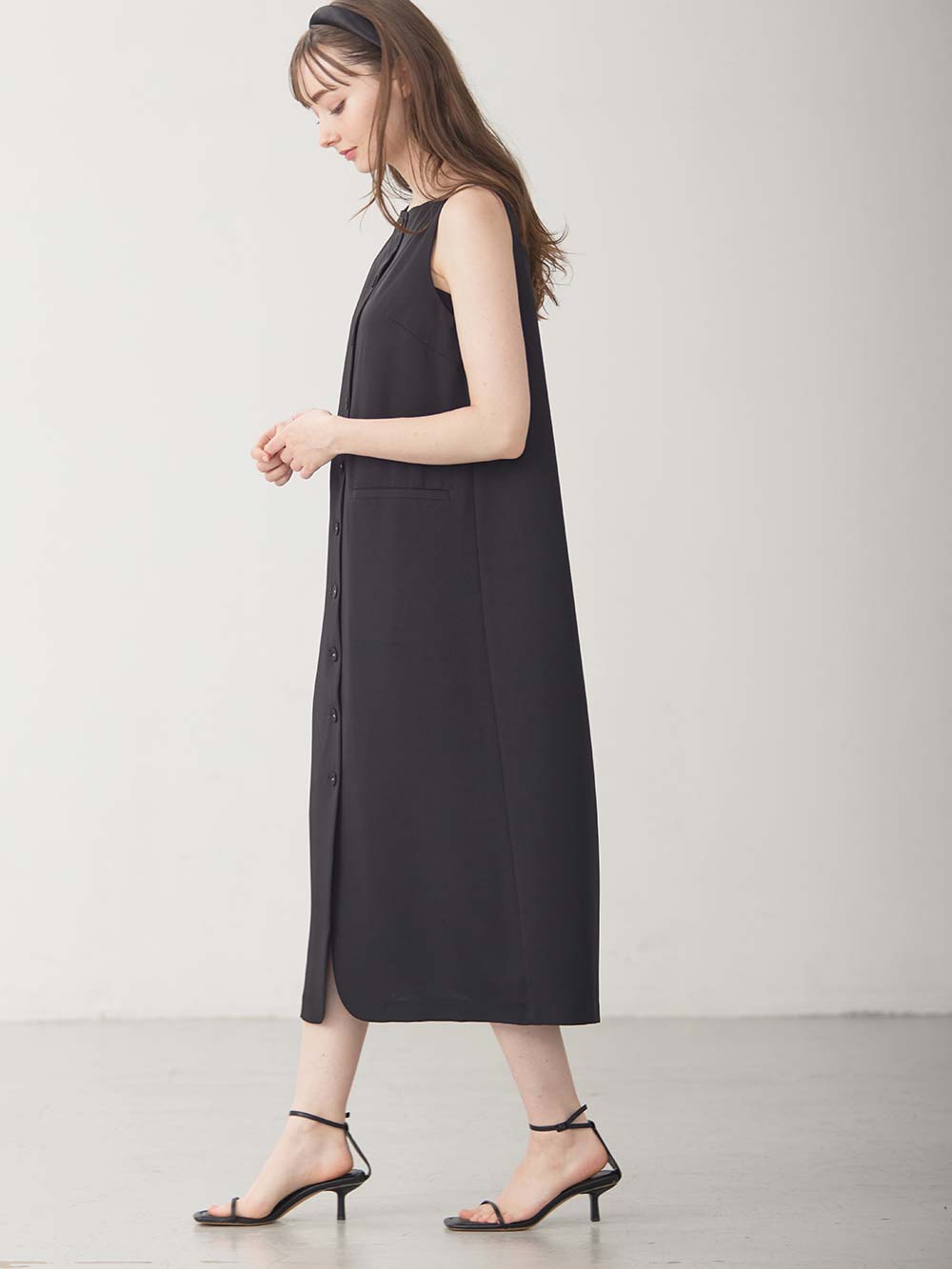 マタニティ ワンピース|フロントボタンノースリーブワンピース マタニティ・授乳服 【出産後も長く使える】|ブラック