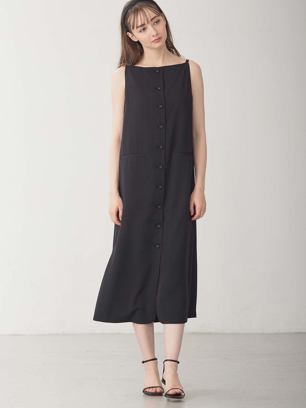 マタニティ ワンピース|フロントボタンノースリーブワンピース マタニティ・授乳服 【出産後も長く使える】|ブラック